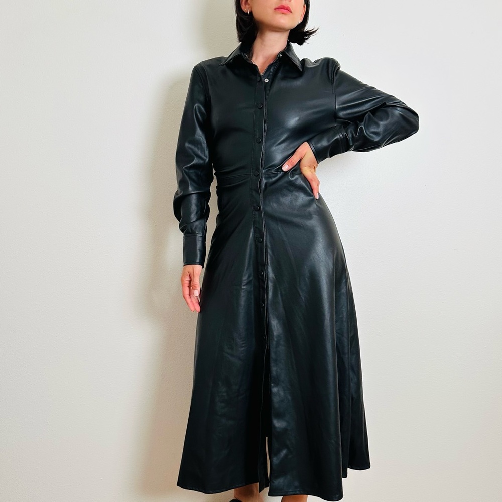 Zara Black Faux Leather Midi Dress Long Sleeve